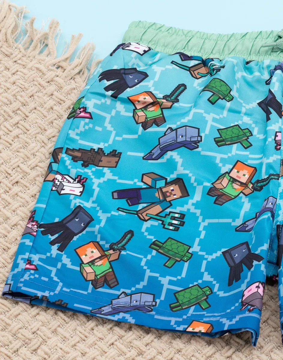 Minecraft Short de Bain pour garçons | Options de Liane Bleue Verte OU Verte | Enfants Ados Creeper Steve Alex TNT Explosif Personnages Gamer Pantalon de Natation Malles