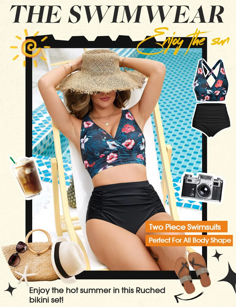 Svanco Maillots de Bain Femme Deux Pièces Gainant Ventre Plat Taille Haute Ensembles avec Attaches Bikini Set Push Up Col V Élégant