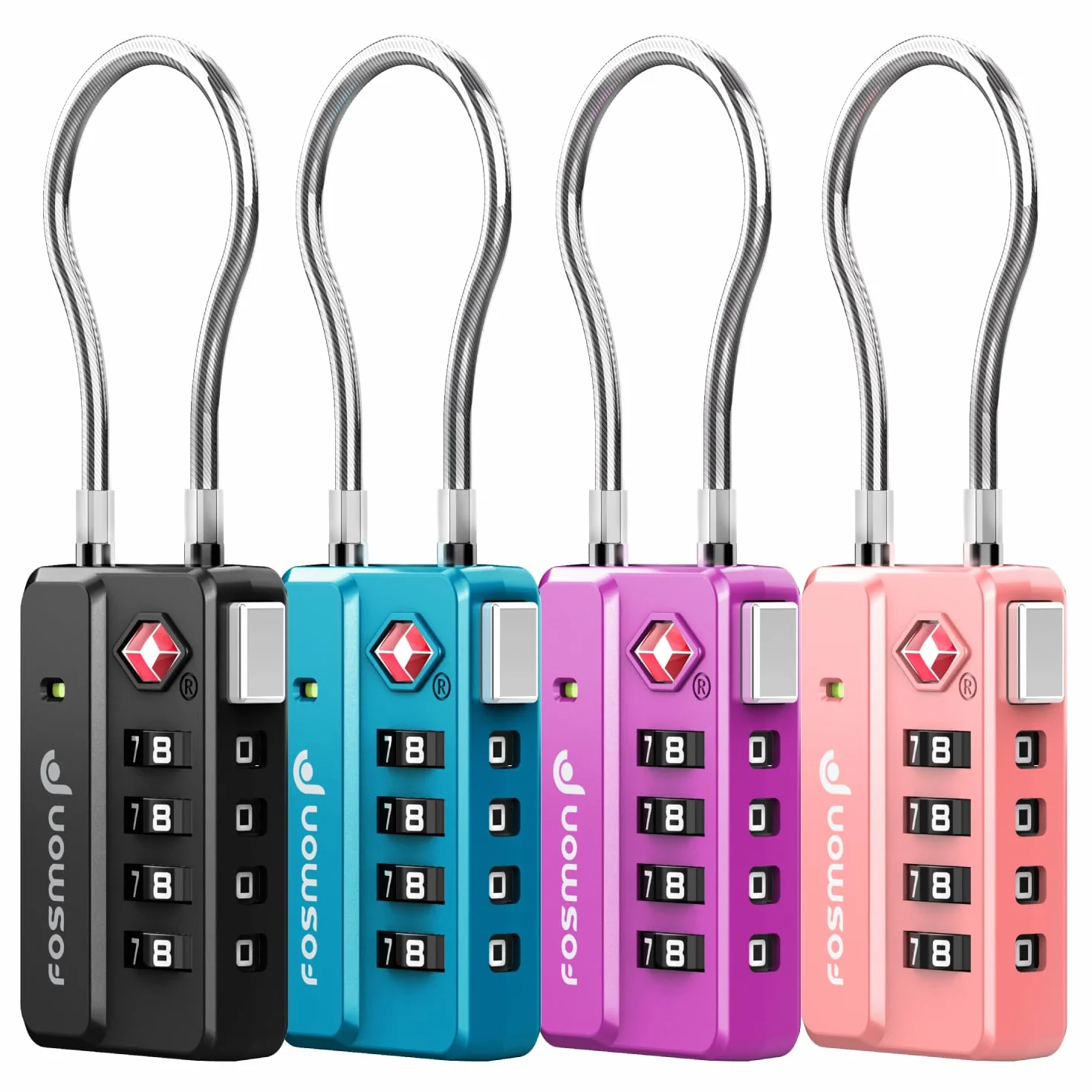 Fosmon - Cadenas Code TSA pour Bagages 4 Couleurs, Cadenas Câble à 4 Chiffres pour Valise, Sac de Voyage, Casier, etc. Lot de 4 Cadenas – Noir, Bleu, Violet, Rose