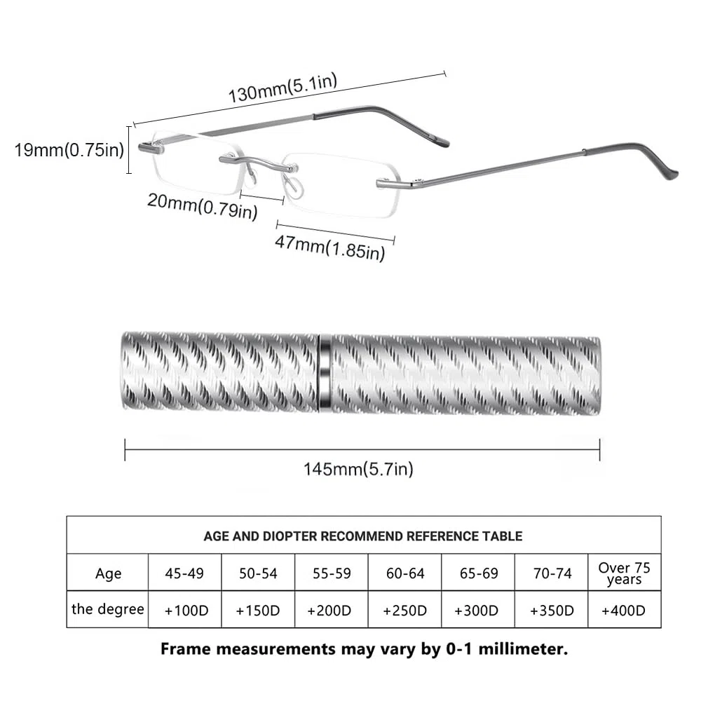 TERAISE Mise à jour des lunettes de lecture légères Lecteurs sans cadre lentille claire pour hommes et femmes avec étui pour tube Clip Pen