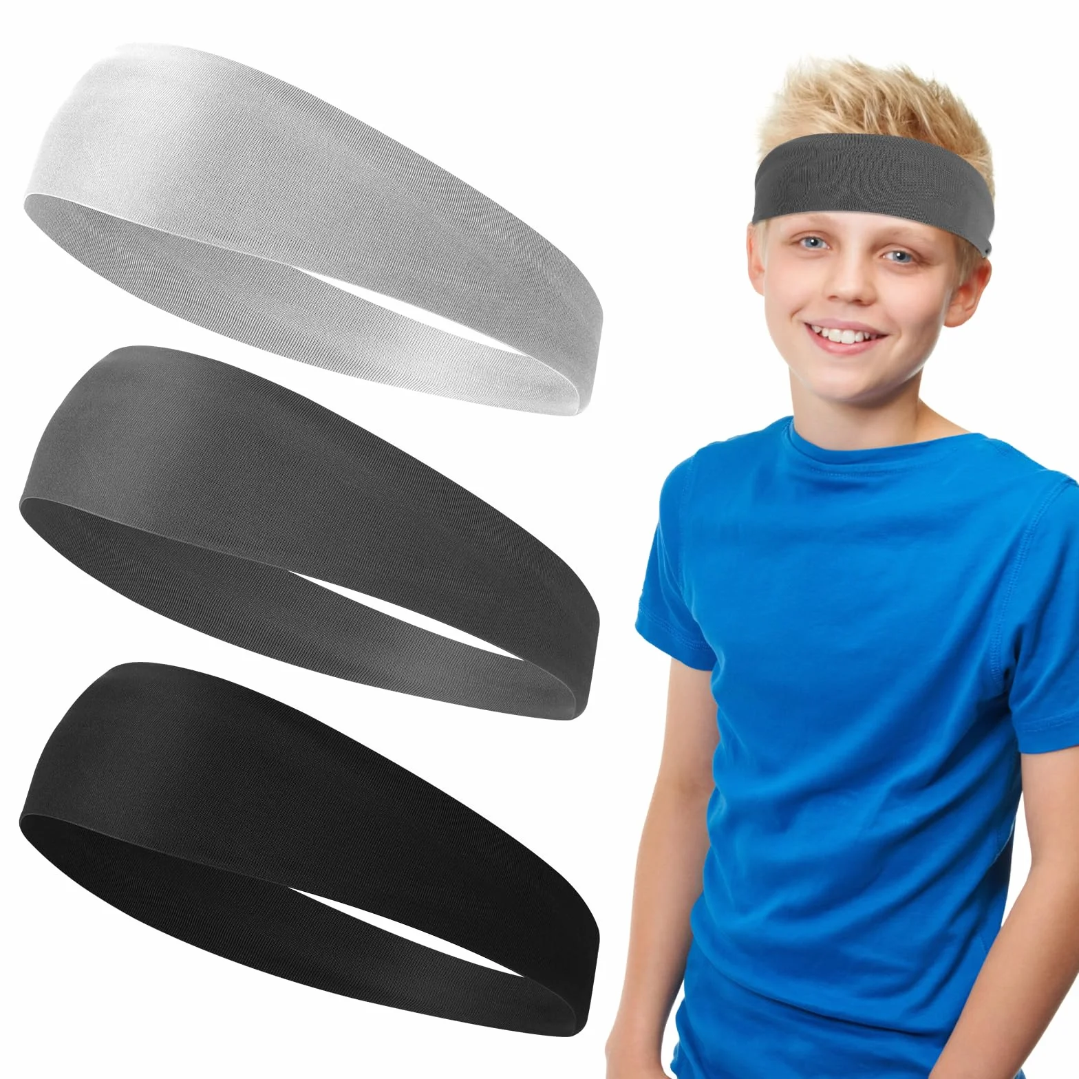 cobee Lot de 3 bandeaux élastiques respirants pour enfants - Pour football, basket-ball, course à pied, tennis