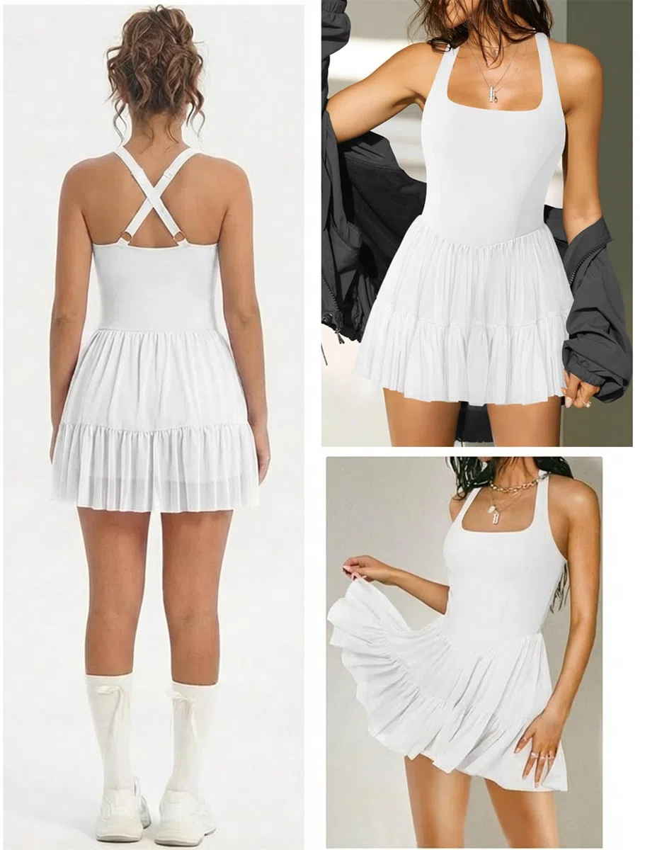 Jinsha Robe Tennis Femme Tulle Transparent Soutien Gorge Intégré et Short avec Poches - Golf Volleyball Cheerleading Sport Noir Blanc Sexy Casual Robe Femme Chic ete Jupe Robes Sport Short Dress