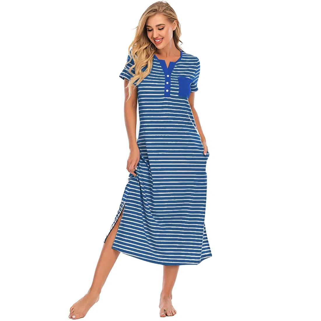 Jlowesun Chemise de Nuit à Rayures pour Femmes Robe de Nuit à Boutons Doux et à Manches Courtes avec Poches