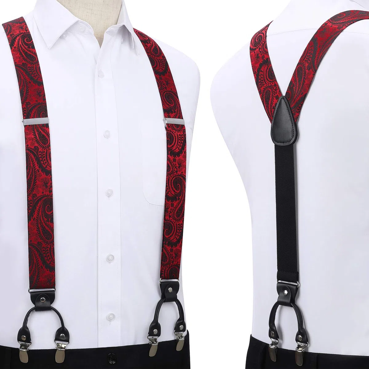 HISDERN Bretelles pour Hommes avec de tres fortes 6 Clips Heavy Duty Y Suspenders Style Reglable Jarretelle Papillon Mouchoir Set