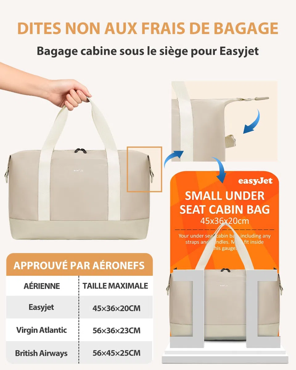 ECOHUB Bagage Cabine Pliable 30L, 45x36x20 Easyjet, à Main avec Poche Humide Amovible, Sac de Voyage Weekend pour Femmes Hommes, d'Hôpital, Brevet en Cours (Beige)