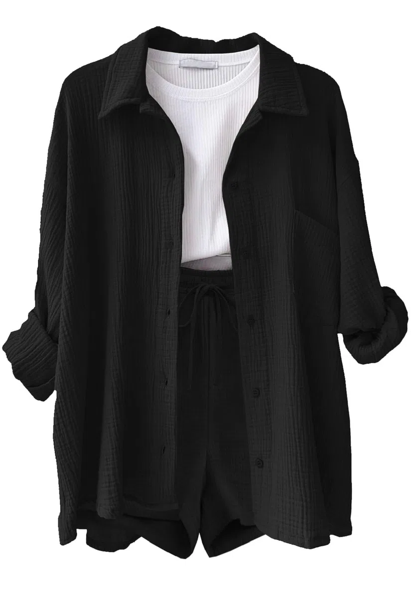 CheChury Ensemble 2 Pièces été Femme Chic et Elegant Chemise Manches Longues et Shorts 2 Pièces Survêtement Femme Ensemble de Plage en Coton Lin Tenues élégante Décontracté été Loungewear