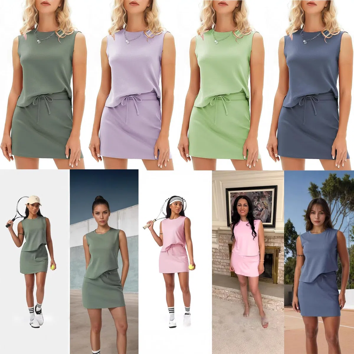 Skort Sets Women 2 Piece Outfits, Tennis Skirt Sets Women 2 Piece Outfits, Beach Vacation Clothes for Womens (Sleeves/No Sleeves)
