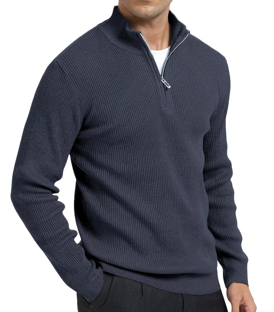 Pull Homme Hiver Tricoté Zippé Maille avec Col Montant Chaud Manches Longues Pullover Sweater