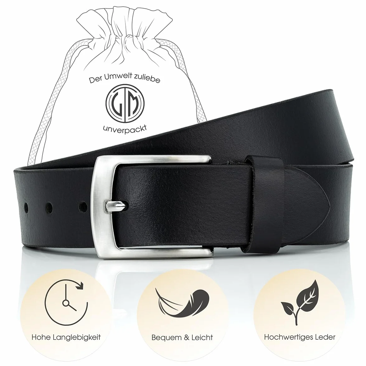Lindenmann Ceinture Homme en Cuir de Buffle, 40 mm Large et 3,8 mm Fort, Ajustable pour Jeans, XL, Noir