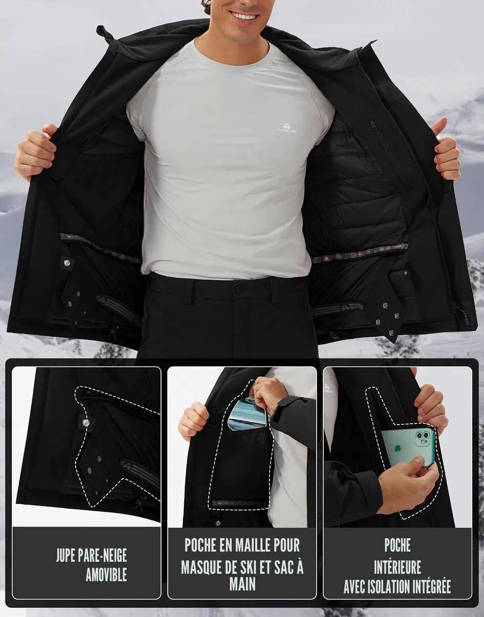 Veste de ski pour homme - Imperméable - Chaude - Respirante - Veste d'hiver avec capuche - Outdoorjac
