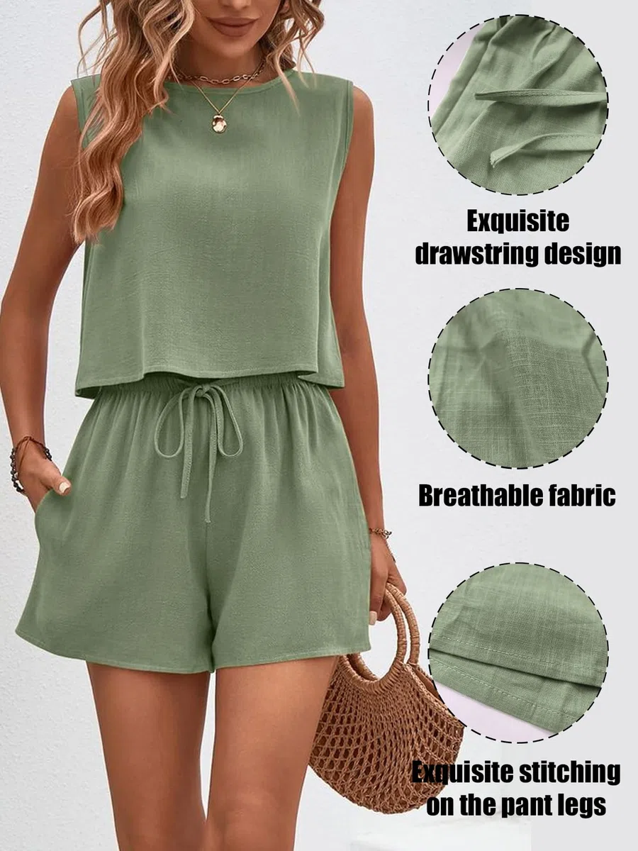 SurvêTement de Sport DéContracté Pour Femmes Ensemble DéContracté de Shorts Sans Manches Pour Femmes Chic et Elegant Haut Sans Manches et Short à Taille Haute Avec Poches
