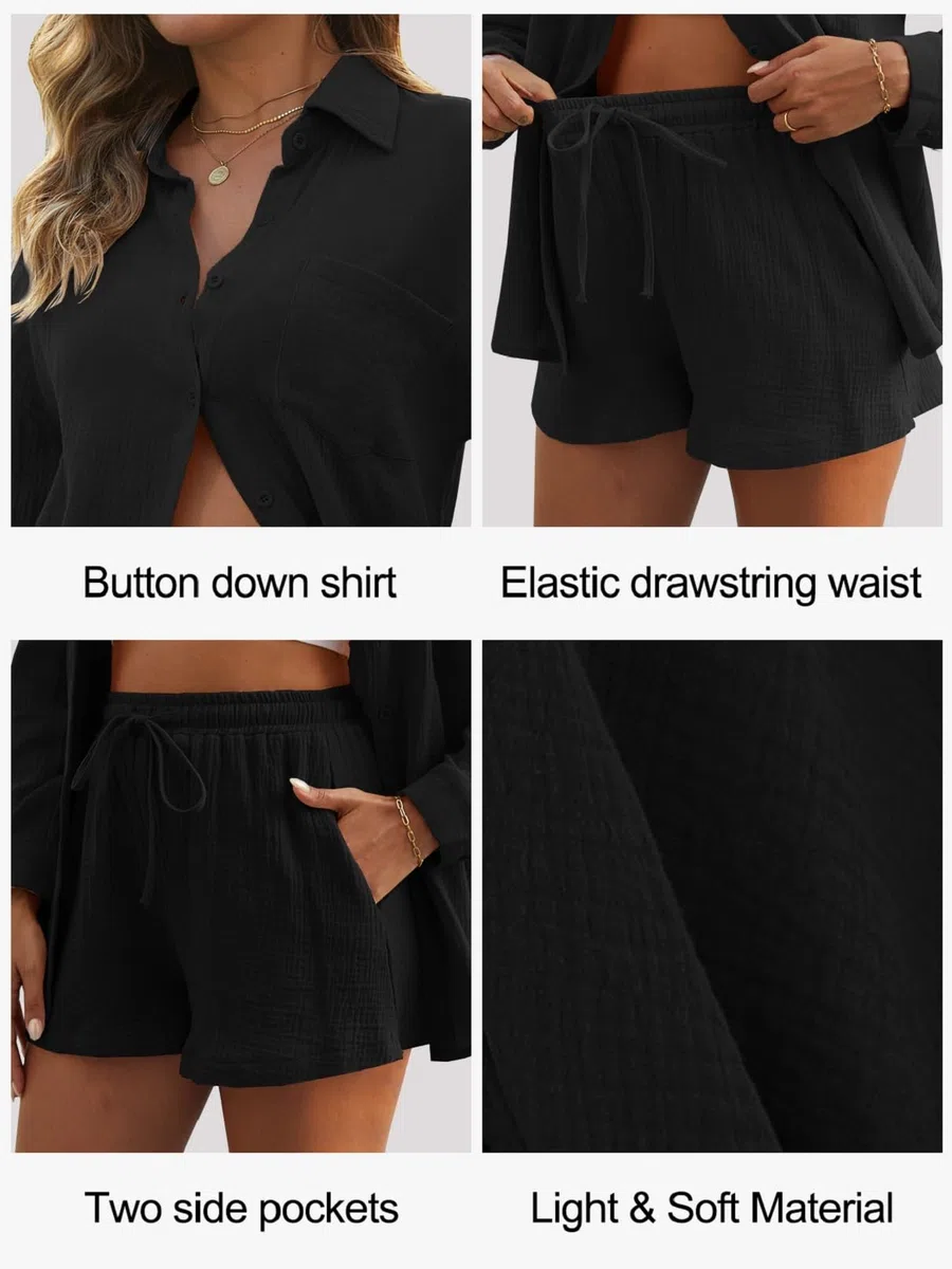 CheChury Ensemble 2 Pièces été Femme Chic et Elegant Chemise Manches Longues et Shorts 2 Pièces Survêtement Femme Ensemble de Plage en Coton Lin Tenues élégante Décontracté été Loungewear