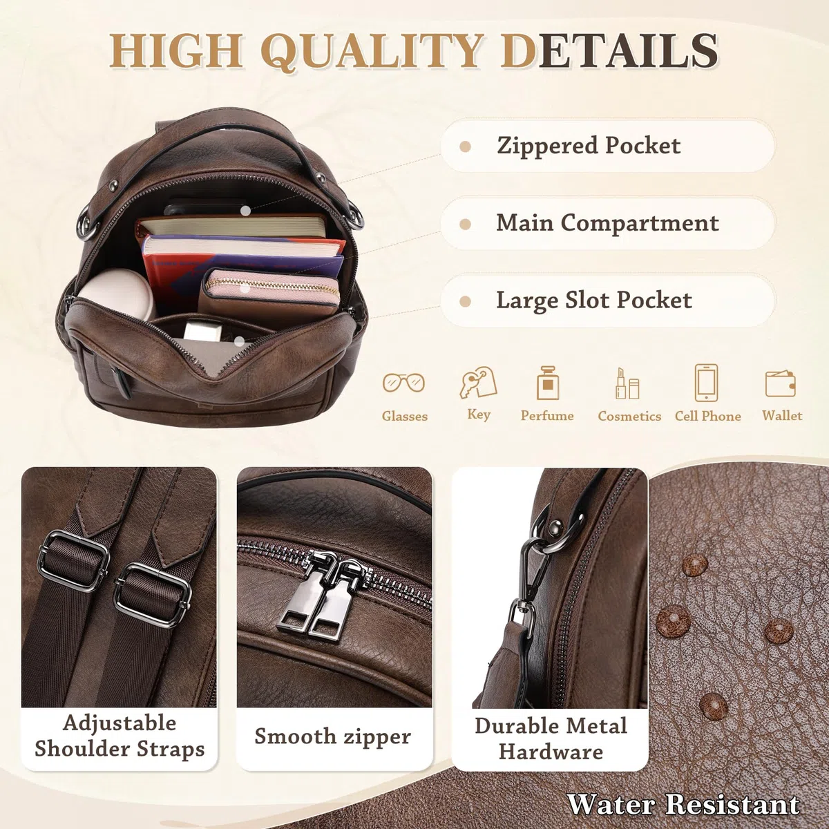 Chase Chic Petit Sac à dos Femme,Sacs à Main Portés Dos Femme en Cuir,Sacs à Dos Cartable avec Sangle de Guitare Amovible