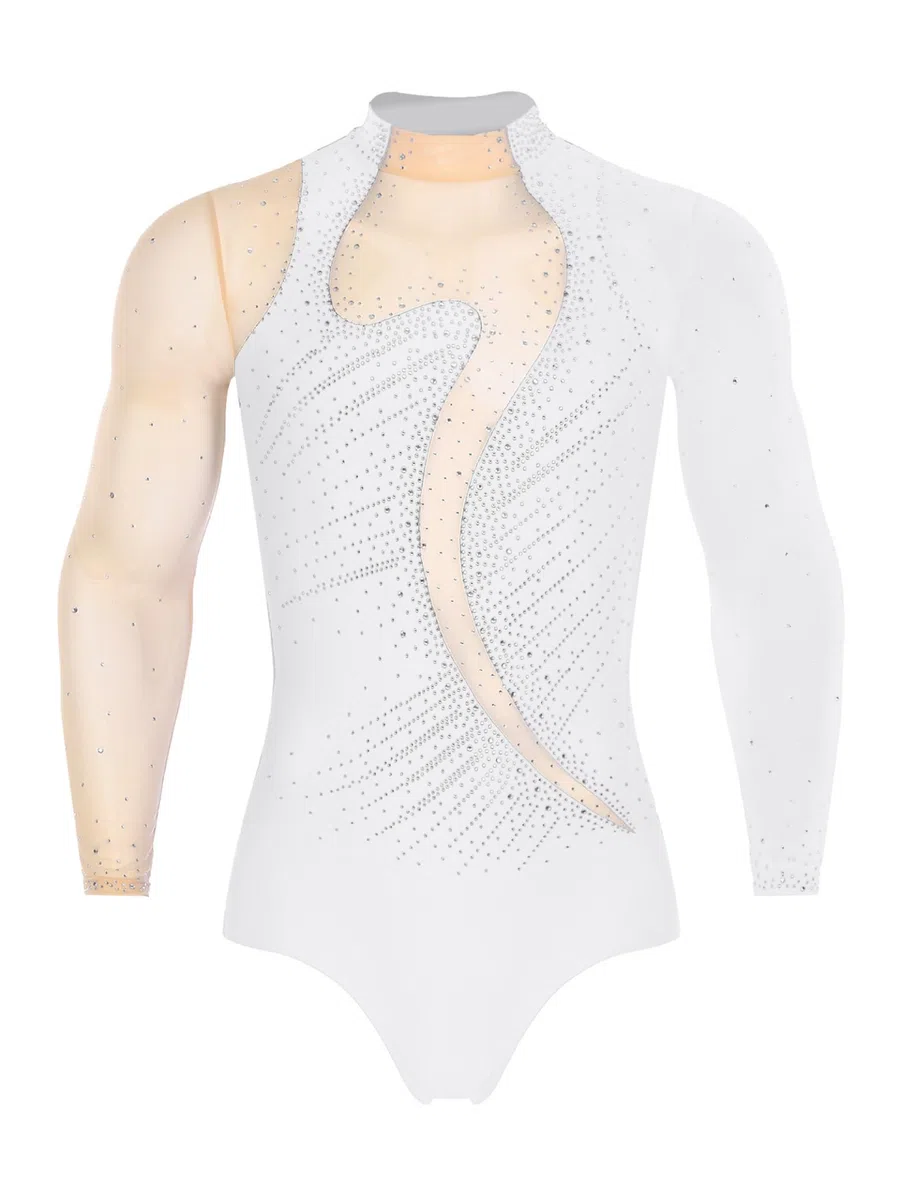 Body de danse à manches longues pour homme - Strass - Couleur contrastée - Maille - Gymnastique - Sport - Patinage sur glace - Costume de danse
