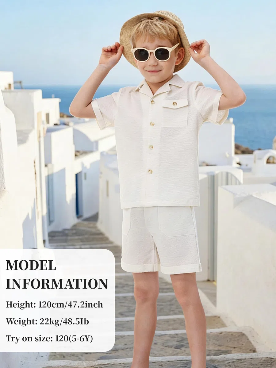 Volunboy Ensemble Été Garçon Seersucker, Chemise à Col Campagne Texturée à Boutons & Short Élastique, 4-10 Ans