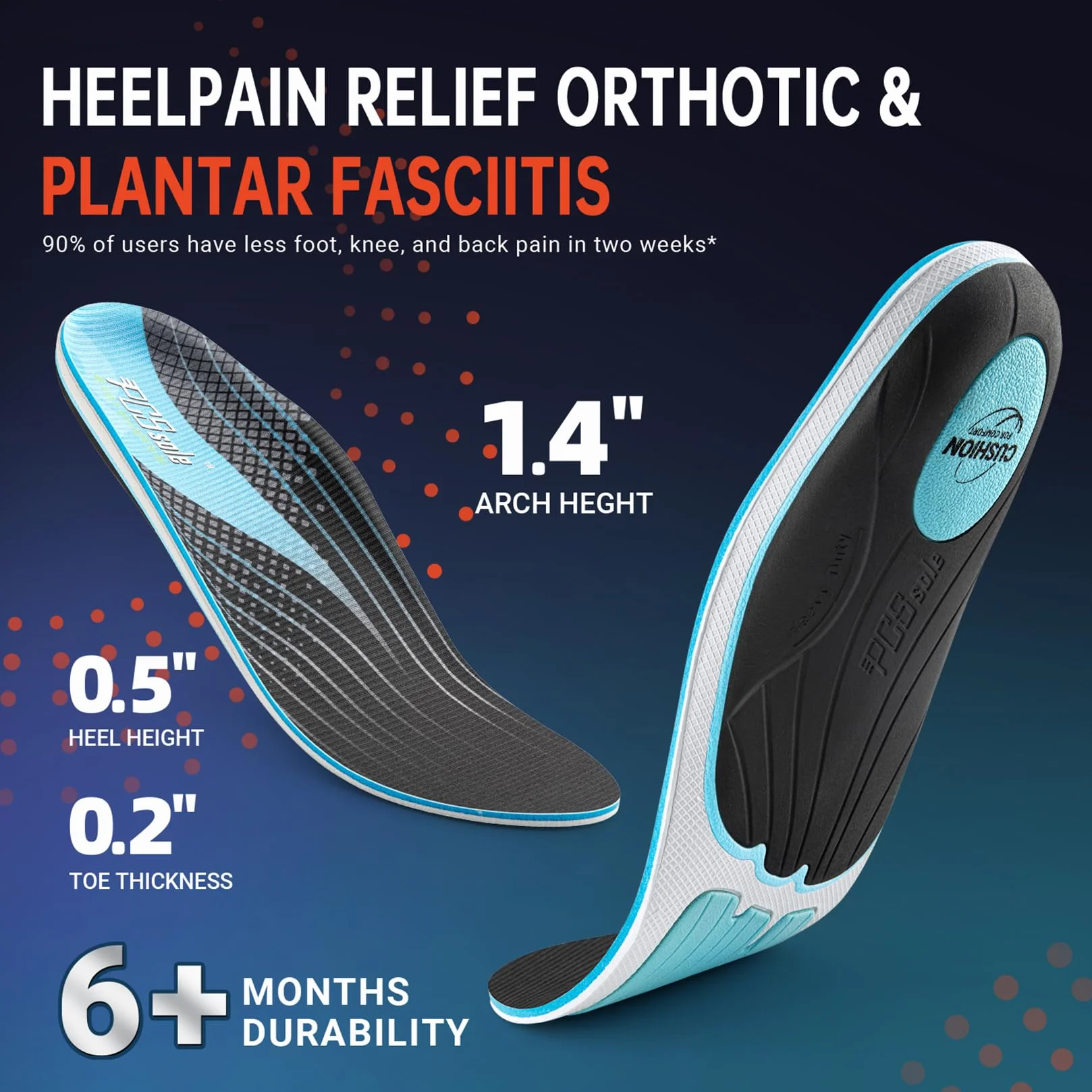 PCSsole Semelles Orthopédiques pour Fasciite Plantaire, Éperon Talonnier, Pieds Plats, Douleur au Pied, Soutien de la Voûte Plantaire, Semelles de Confort pour Hommes et Femmes