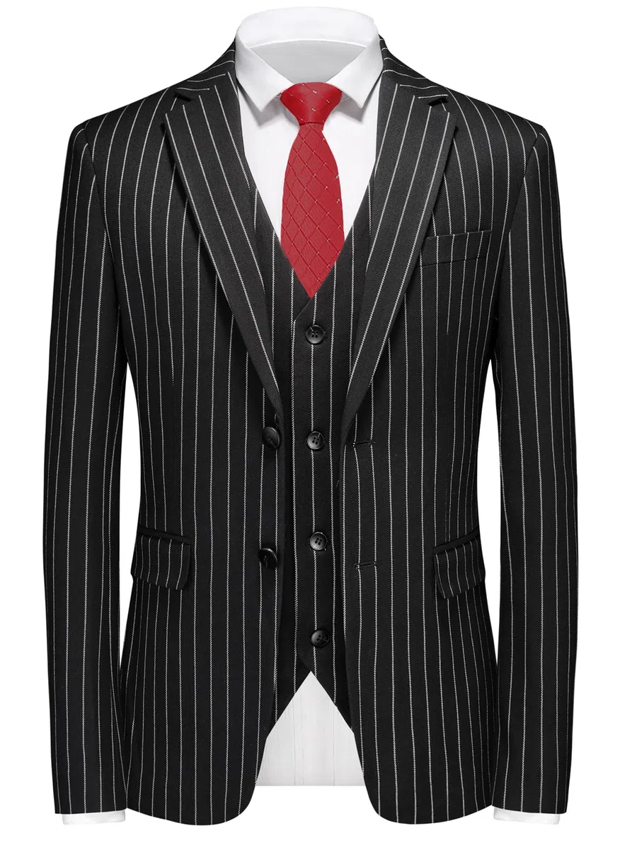 MOGU Costume 3 pièces pour homme à rayures fines Coupe ajustée Double aérations Veste de smoking Gilet et pantalon