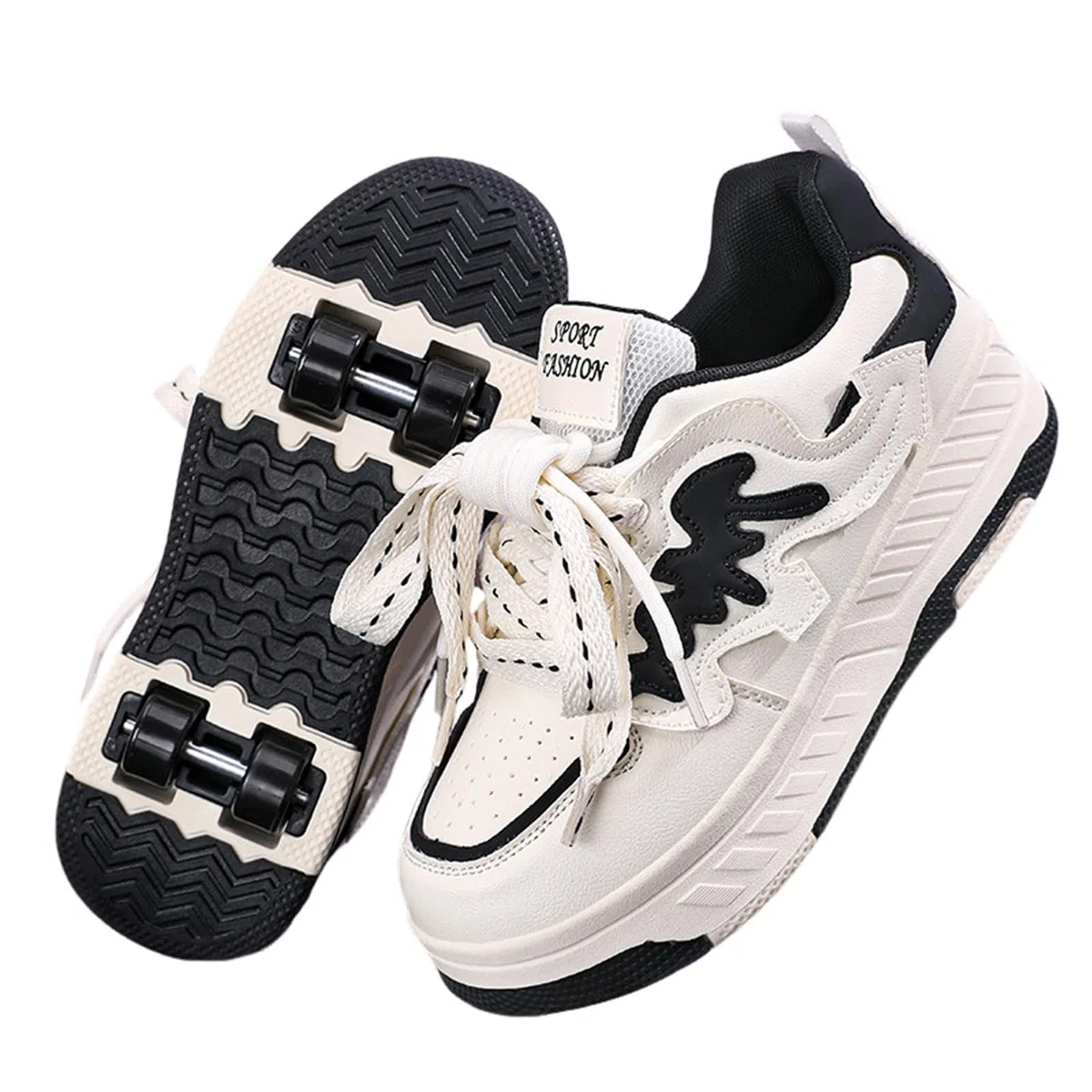 Surwin Chaussures roulettes Enfant, Quatre Roues Chaussures de Skateboard Fille Garçon avec Roues Arrière Rétractables, Nœud Papillon Basket à roulettes Sneakers Roller