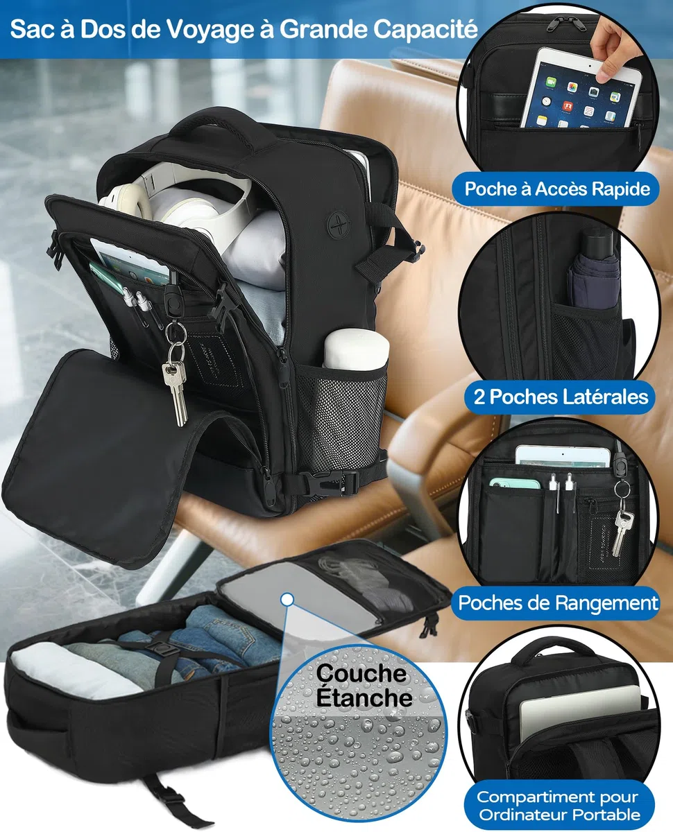KLOSTAIN Sac a Dos Voyage Cabine Avion 40x20x25 Bagage Cabine pour Ryanair 20 L Femme Homme sous Siège Bagage à Main Petit Sac à Dos pour Ordinateur Portable 14 Pouces Noir