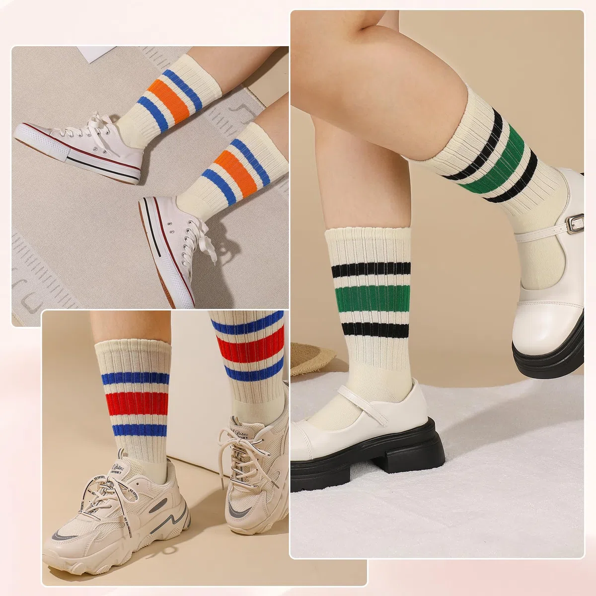 Meng Jiaran Lot de 4 paires de chaussettes de sport pour femme et homme, chaussettes rondes rayées pour femme et homme, taille 4-7, chaussettes décontractées en coton rétro athlétiques pour femme et