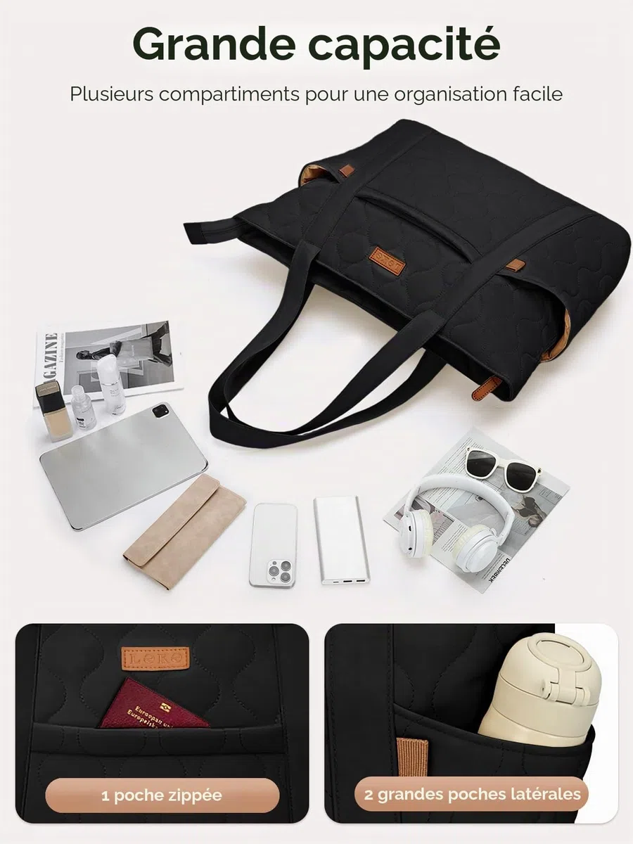 Sac Cabas pour Femme Grand, Sac Fourre Tout pour Ordinateur Portable 15,6 Pouces, Sacs a Main avec Fermeture Éclair, Sacs Bandoulière Léger pour Shopping Université Travail Voyage