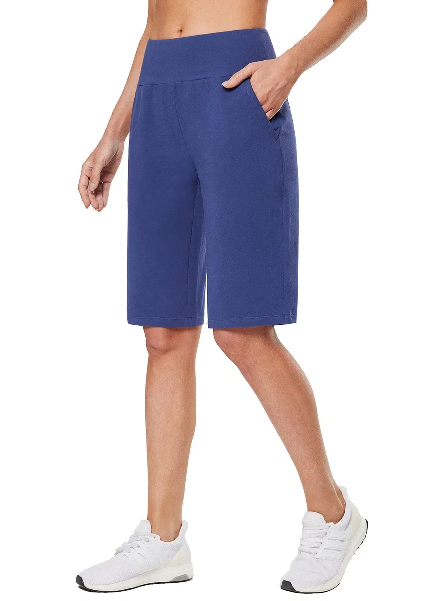 baleaf Bermuda Long de 30,5 cm pour Femme - Taille Haute - Longueur Genou - en Coton - avec Poches - Décontracté - pour Le Travail et Le Salon