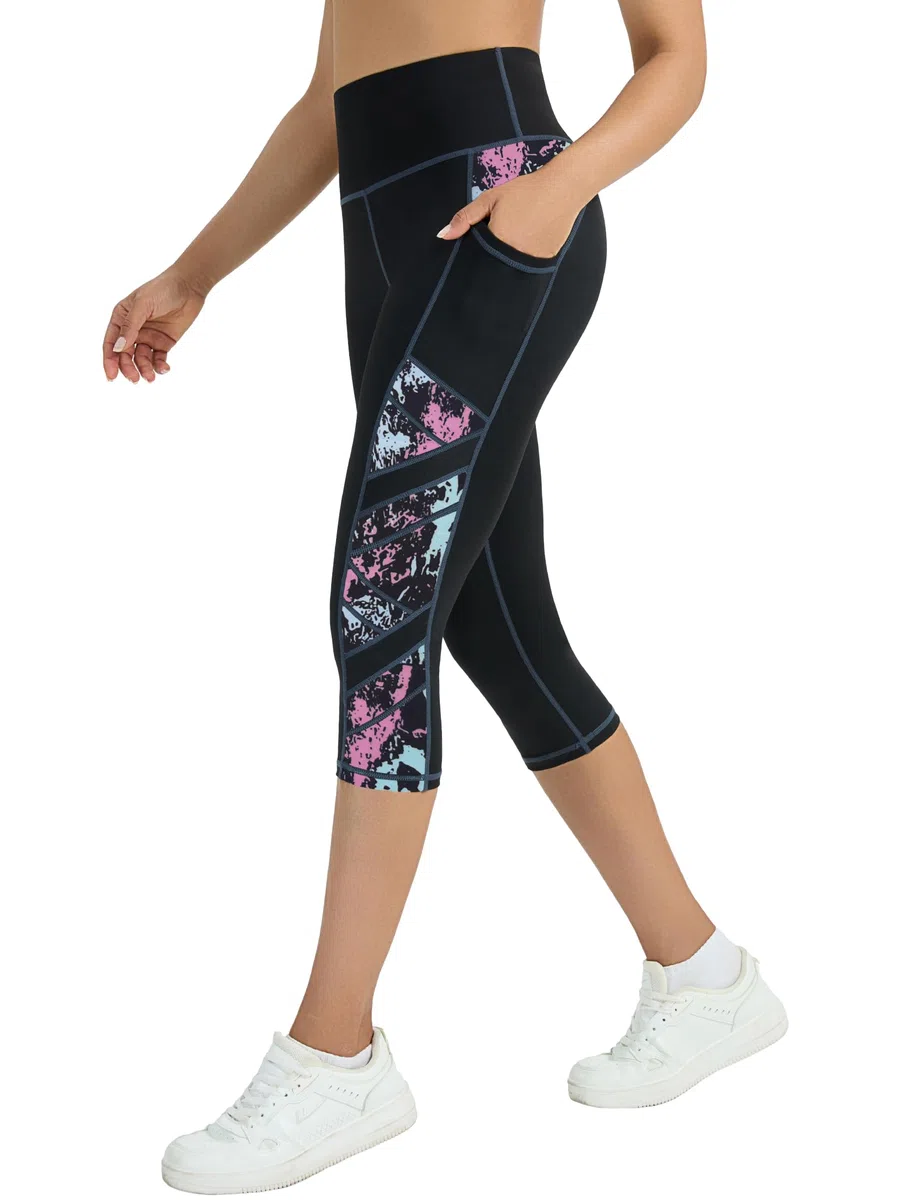 Pantalon de sport 3/4 pour femme - Avec poches - Opaque - Pantalon de fitness - Pantalon de course pour femme