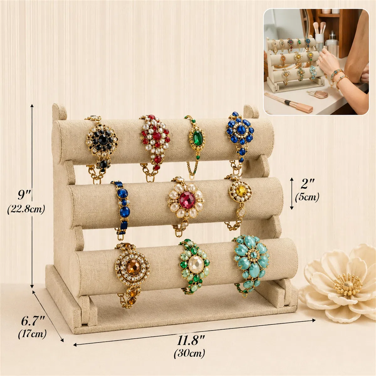 Okllen Support de bracelet à 3 niveaux, organisateur de bijoux, présentoir à bijoux amovible pour montre, collier, boucles d'oreilles, bandeau à cheveux, lin