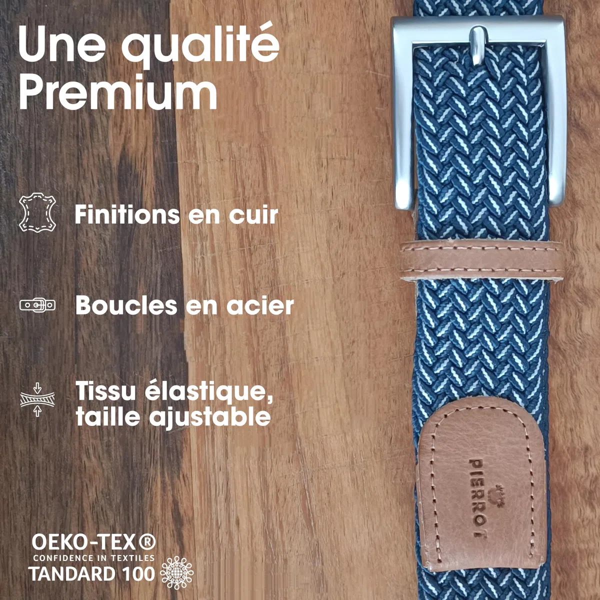 PIERROT Ceinture Tressée Élastique Made in France - Ceinture Elastique pour Hommes Étirable avec Tissu Souple 105cm à 120cm - Fabrication Artisanale Boucle en Acier & Finitions en Cuir