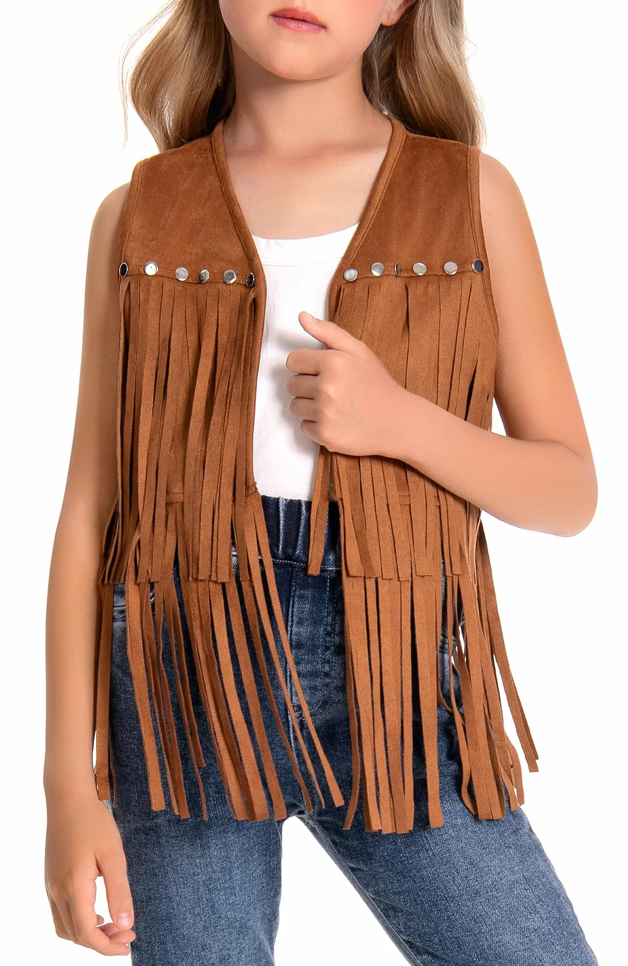 SEAUR Gilet à Franges pour Fille Hippie Gilet Cowgirl Western avec Rivets Veste Sans Manches en Similicuir Vêtements Style Années 60-70 Enfants 5-12 ans