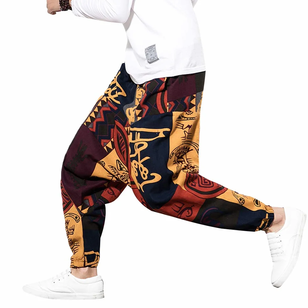Pantalon sarouel hip-hop ample en lin pour homme - Pantalon de yoga Aladdin bohème - Pantalon bouffant - Entrejambe profond - Imprimé rétro - Pantalon avec poches