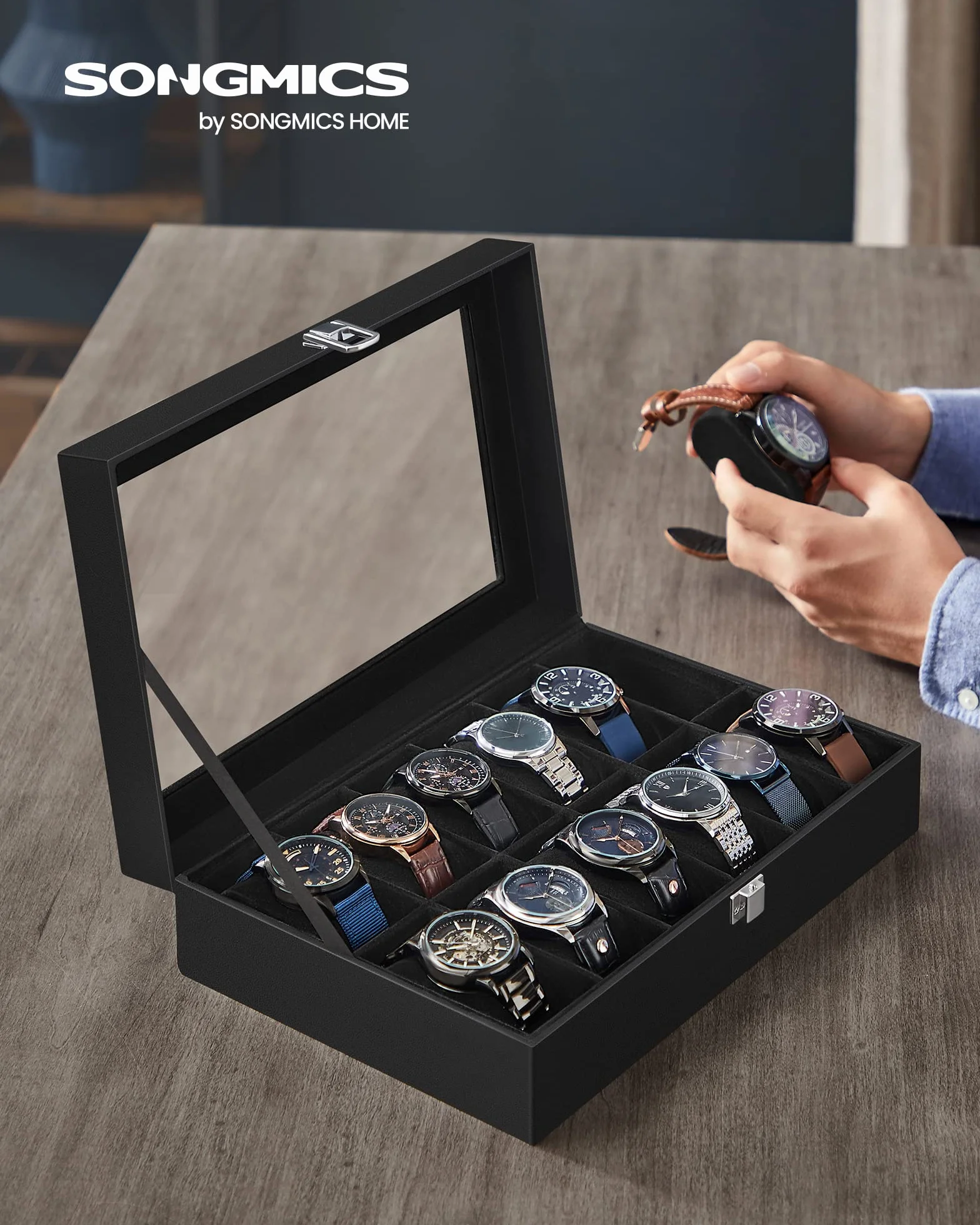 SONGMICS Boîte à Montres, 12 Emplacements, Coffret à Montres, Écrin, Couvercle en Verre, Coussinets Amovibles, Serrure en Métal, Revêtement en Noir et Doublure en Noir JWB12B