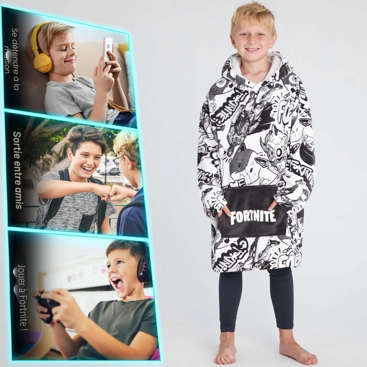 Fortnite Pull Plaid Chaud à Capuche Oversize Garçon et Ado 14+ Poncho Polaire Pull Couverture Portable Extra Longue Cadeau Gamer