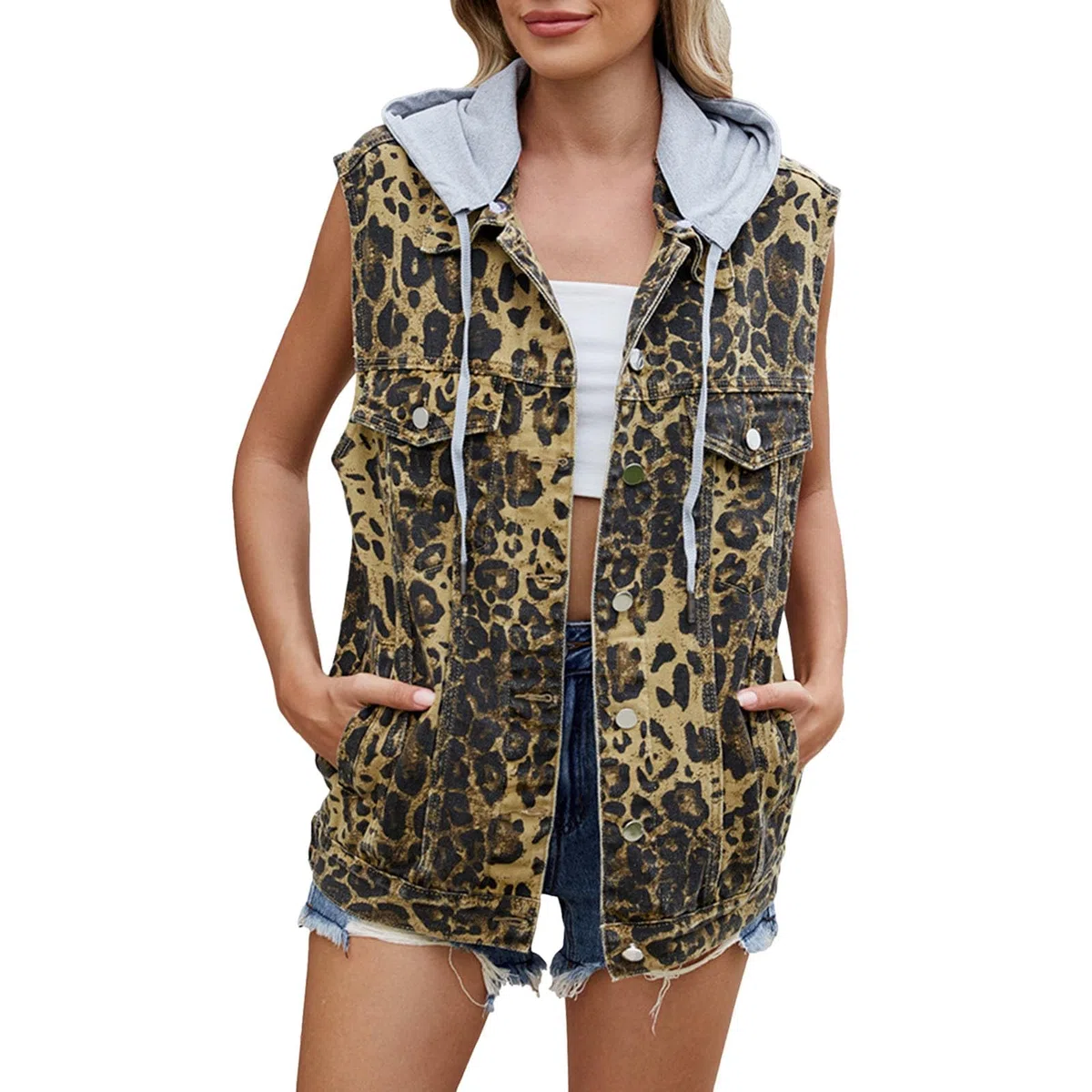 Gilet en jean pour femme - Sans manches - Boutonnière - Veste en jean - Imprimé léopard - Veste de loisirs - Veste en denim - Veste d'extérieur - Manteau de loisirs - Vêtement d'extérieur