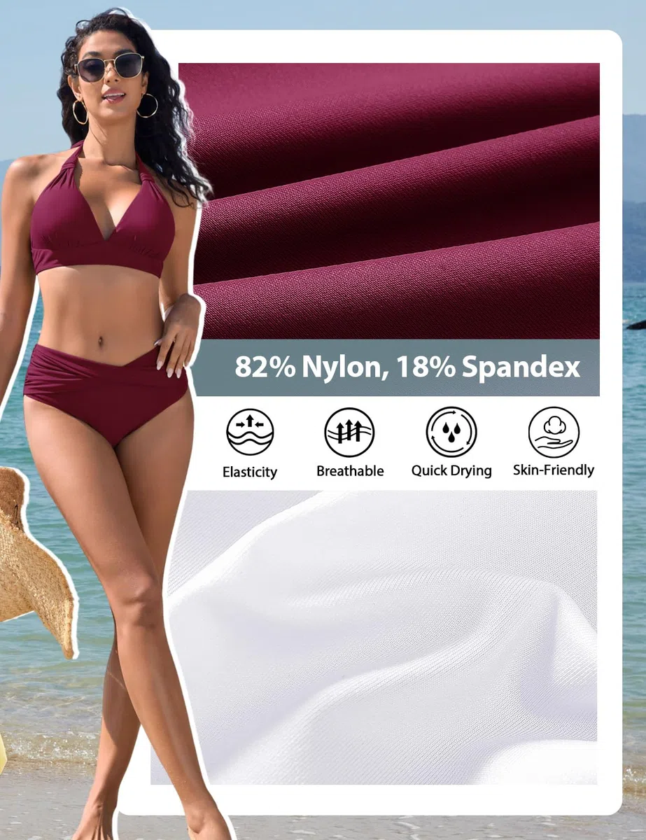 Nadeer Maillots de Bain 2 Pièces Col V Bikini Set Push Up Ensembles Deux Pièces Sexy Midi Taille Haute Beachwear Élégant Vintage Halter Ties-up Swimsuit Ensemble de Bikini