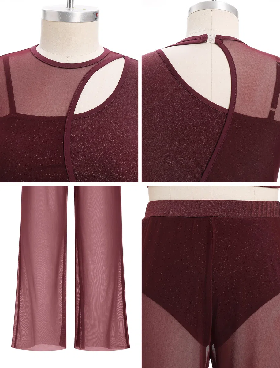FYMNSI Costume de danse lyrique moderne pour femme - Vêtement de danse classique - Sans manches - Ventre nu - Pantalon large