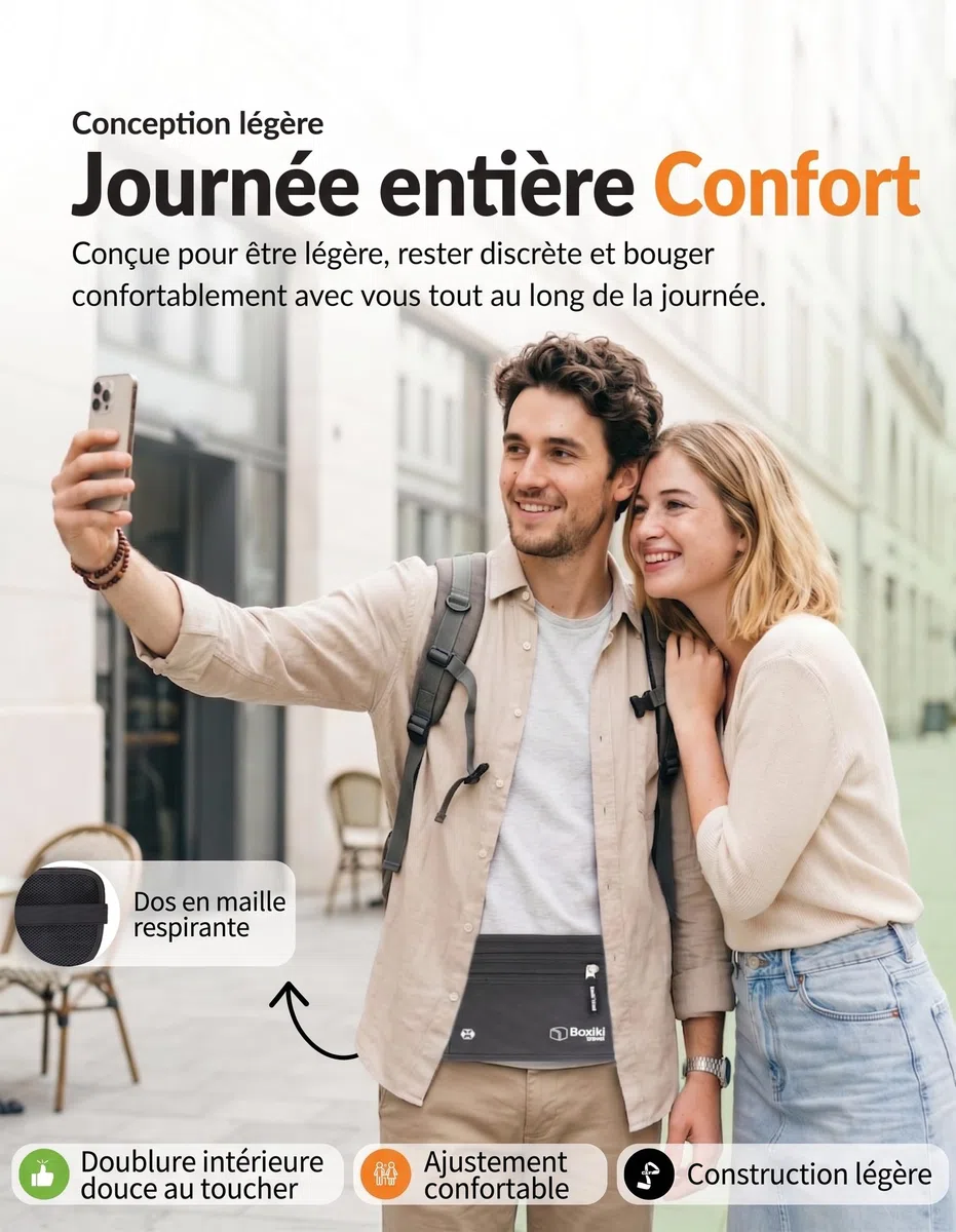 Boxiki Travel Ceinture d'argent dissimulée pour hommes et femmes - Sac de taille RFID bloquant pour passeport, portefeuille et téléphone - Sécurisé et fiable pour les voyages