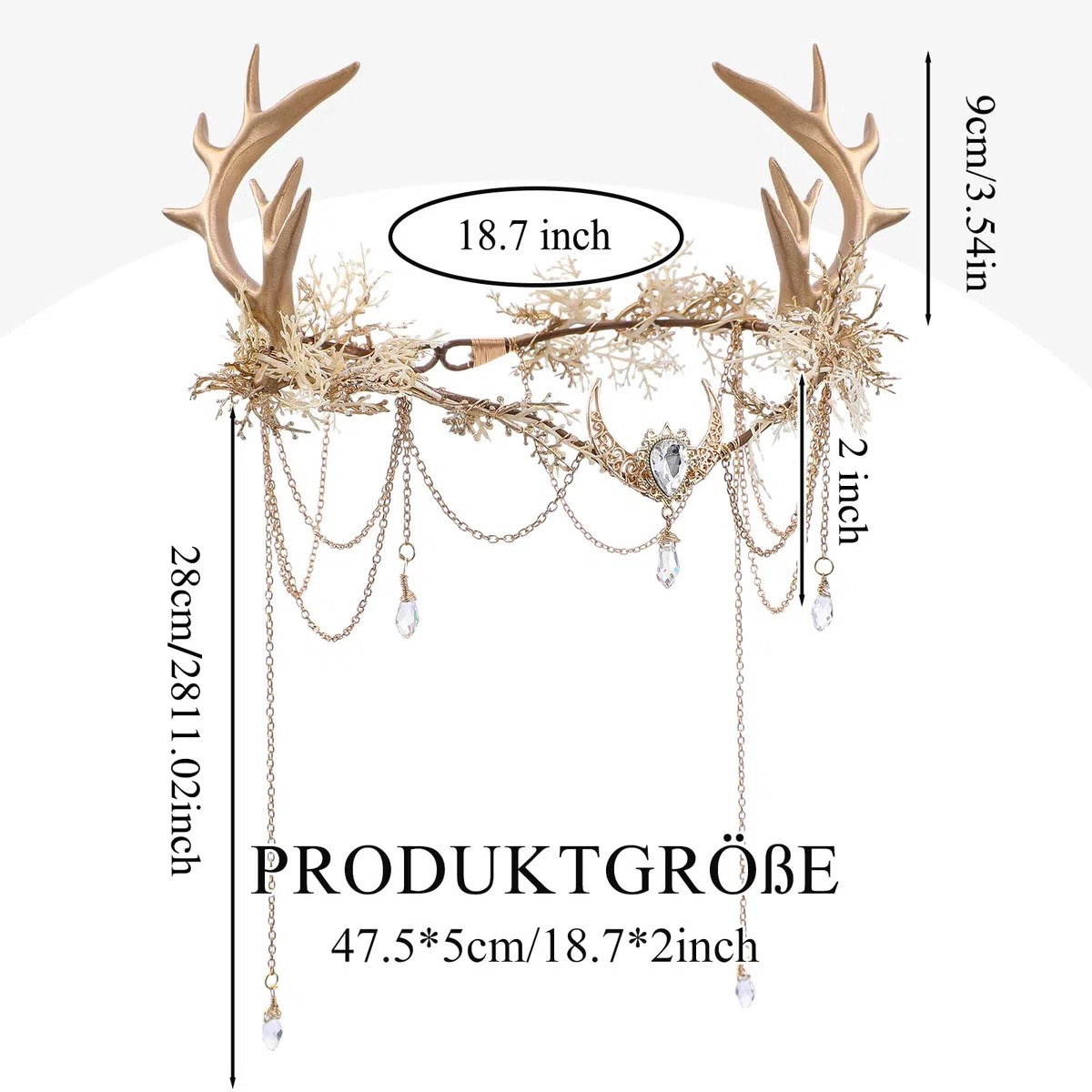 MOSTORY Couronne de fleurs pour costume de chevreuil, couronne de fleurs dorées avec pompon et lune pour cosplay, costume de carnaval