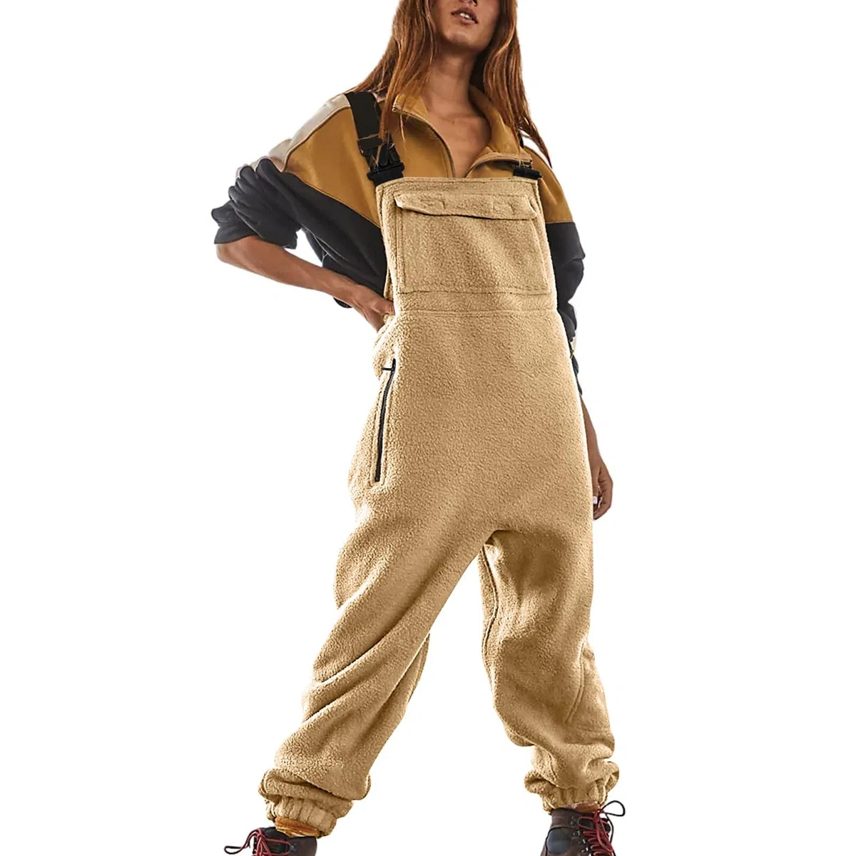 Salopette en Polaire pour Femme, Bretelles réglables, Pantalon de Ski Chaud pour l'hiver, Combinaison Cargo Ample en Polaire