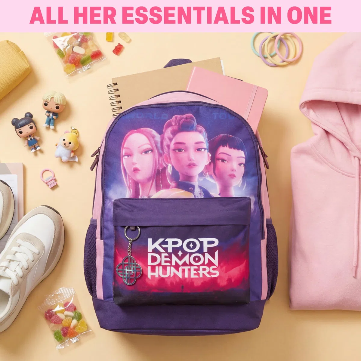 Get Trend Kpop Demon Hunters Huntrix Sac a Dos Enfant Fille, Fermeture Eclair et Rembourré Cartable Enfant avec Porte Clef, Cadeau Fille (Violet/Rose)