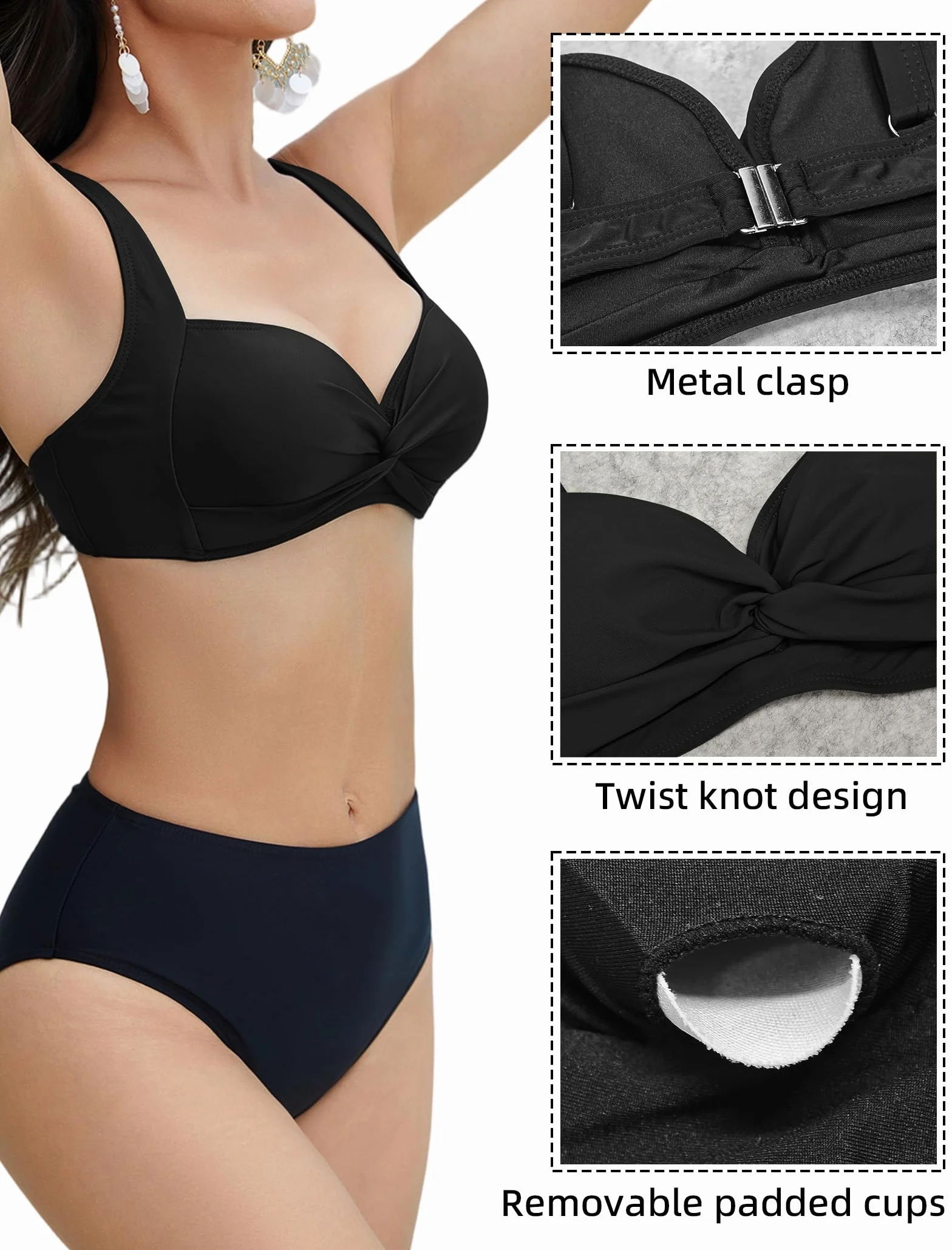 Haut de Bikini pour Femme Push-up Haut de Maillot de Bain Froncé et Torsadé Rétro Classique Hauts de Bikini