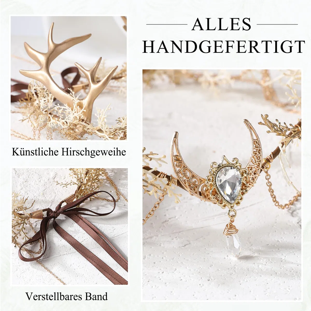 MOSTORY Couronne de fleurs pour costume de chevreuil, couronne de fleurs dorées avec pompon et lune pour cosplay, costume de carnaval