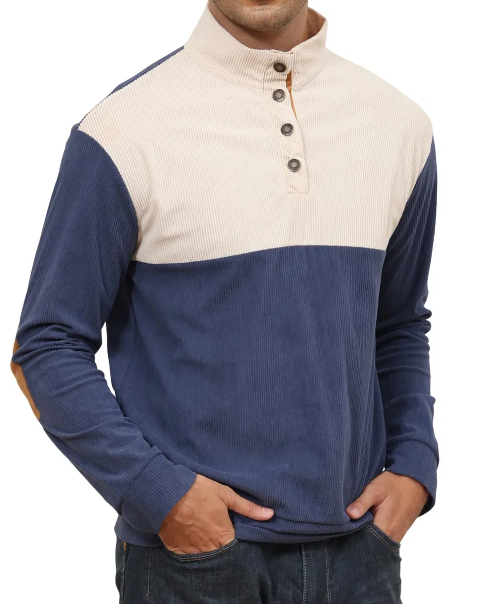 PRIVIMIX Sweat Homme sans Capuche Léger Pull Col à Boutons Sweatshirt Velours Côtelé Sweet M-3XL