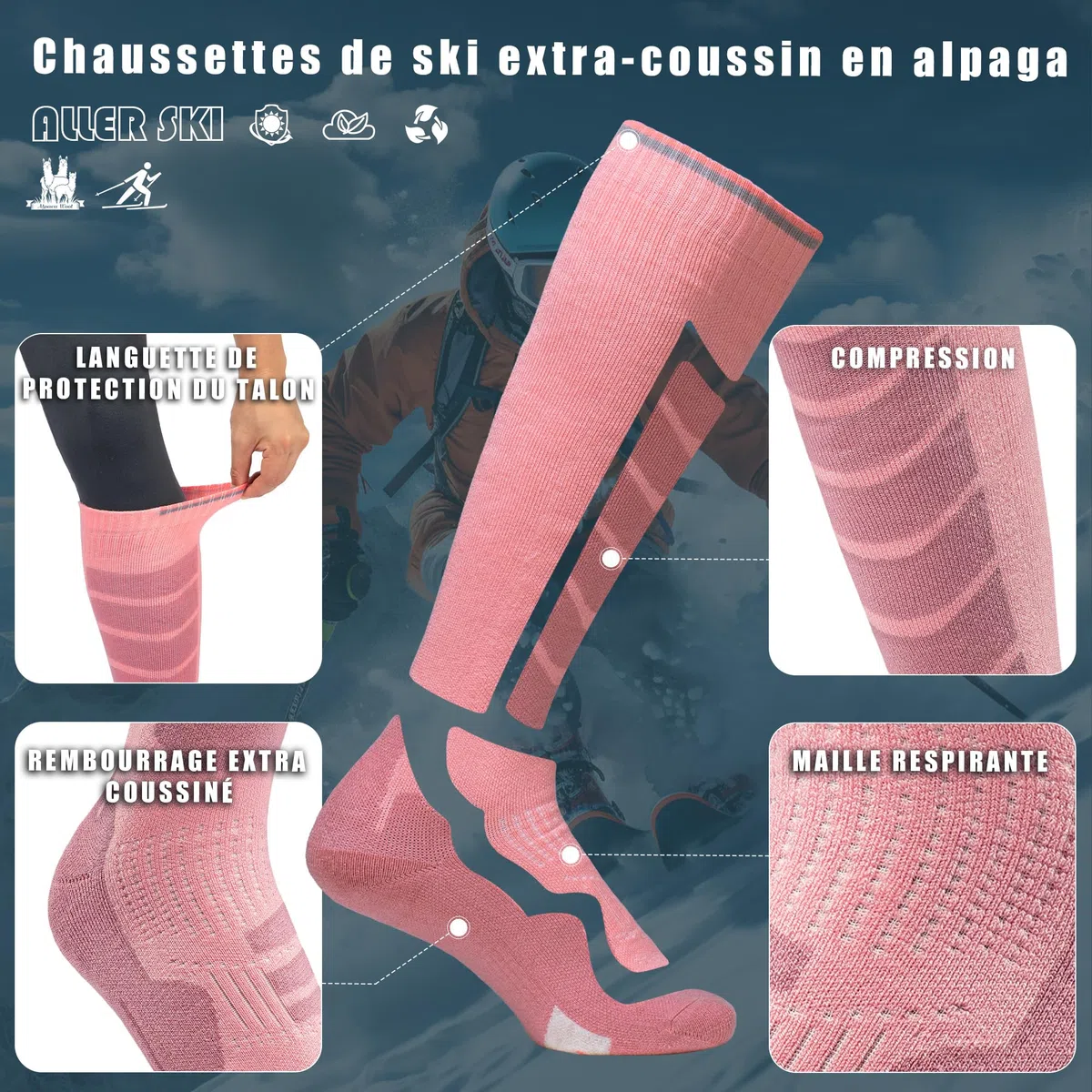 ineepor 2 Paires Chaussette de SKI Laine Alpaga Pour Hommes et Femmes, Chaussettes Thermiques d'hiver de Contention pour Ski, Randonnée, Cyclisme, Sport
