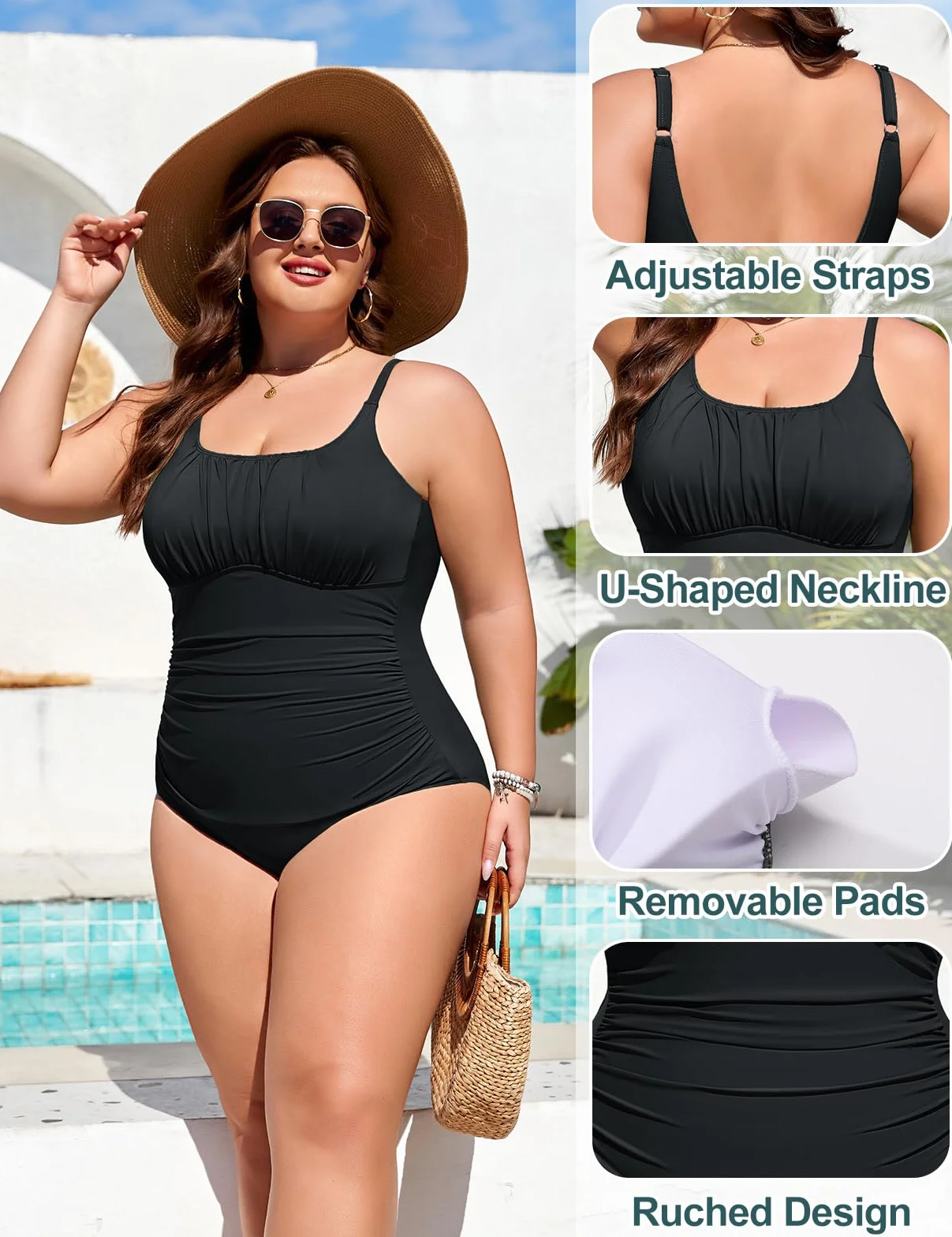 heekpek Maillot de Bain Grande Taille Femme 1 Piece Ventre Plat Maillot de Bain Push Up Rembourré Une Piece Ruché Swimsuit avec Col en U