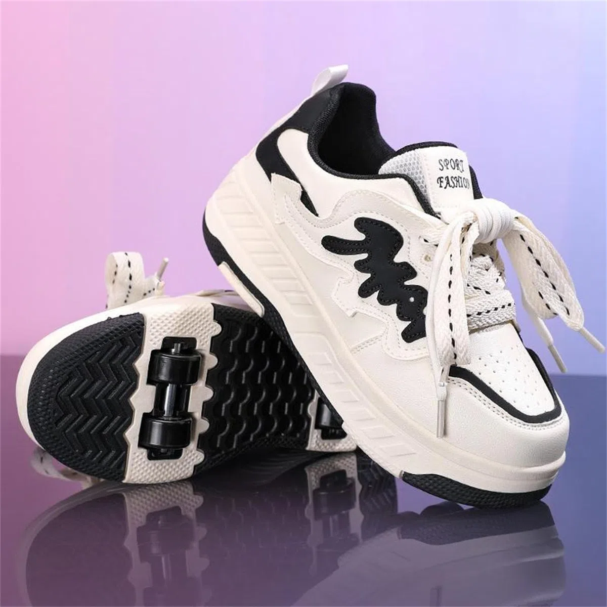 Surwin Chaussures roulettes Enfant, Quatre Roues Chaussures de Skateboard Fille Garçon avec Roues Arrière Rétractables, Nœud Papillon Basket à roulettes Sneakers Roller