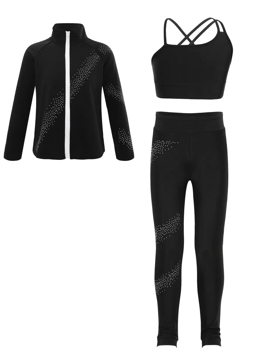 TiaoBug Enfant Fille Survêtement de Sport Veste Manches Longues Strass et Débardeur et Pantalon Legging Sport Ensemble Patinage Artistique Costume Compétition 5-14 ans