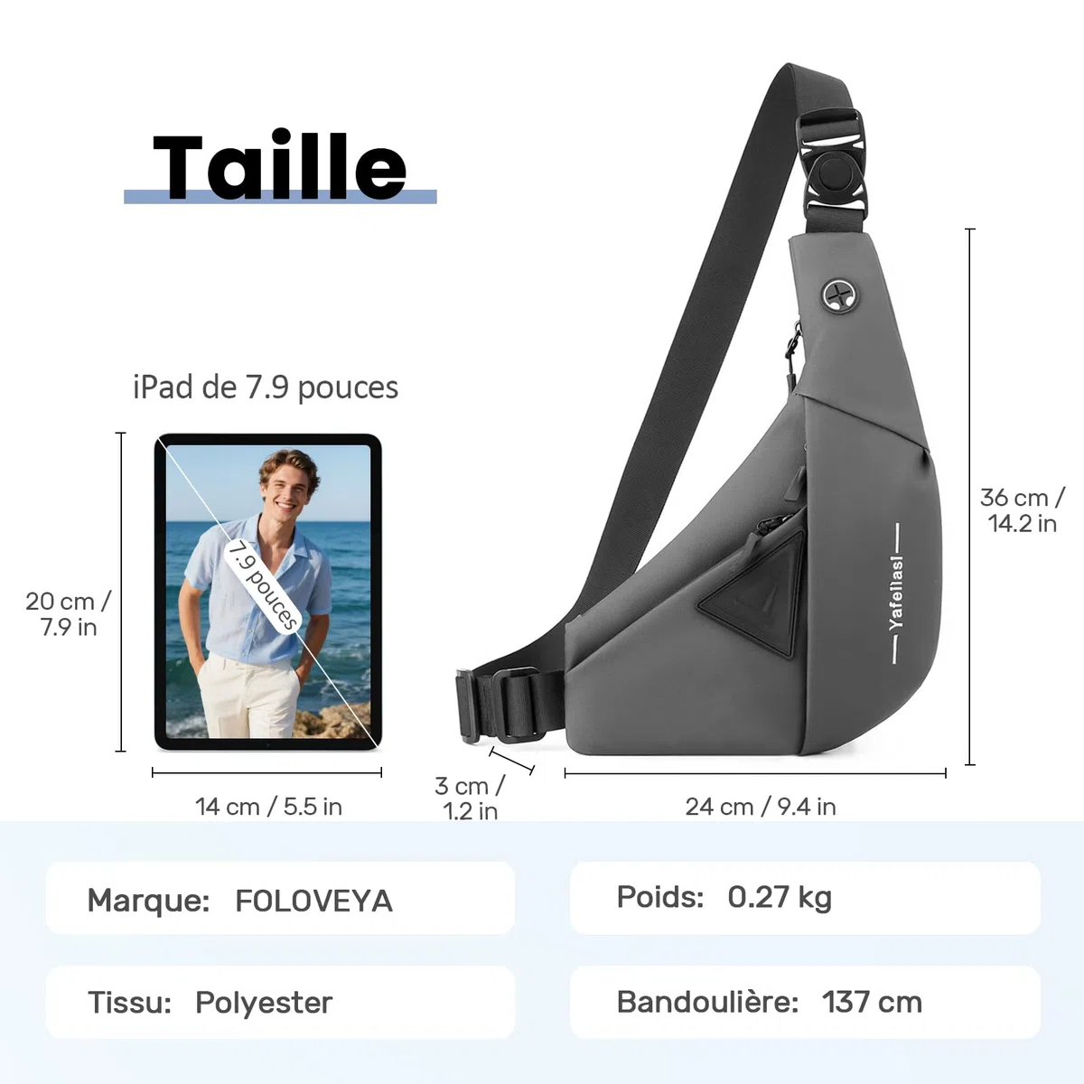 Léger Sac de Poitrine Homme Sling Bag Petit Sacs à Bandoulière Casual Sac d'Epaule Crossbody Bag Voyage Sport Cyclisme Antivol Imperméable Polyester Sling Sac à Dos Épaule Gauche Grise