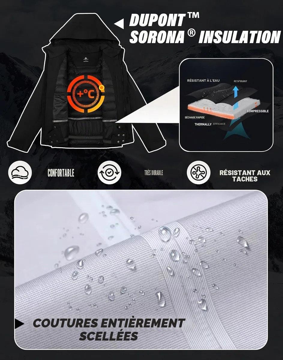 Veste de ski pour homme - Imperméable - Chaude - Respirante - Veste d'hiver avec capuche - Outdoorjac