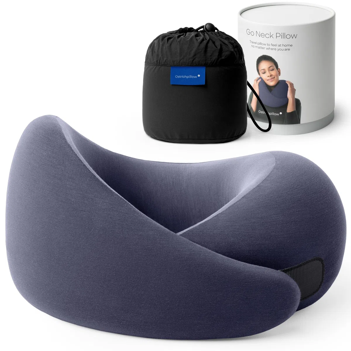 Ostrichpillow Go Neck Pillow - Oreiller de Voyage en Mousse à Mémoire de Forme, Design Ergonomique à 360º, Côtés Asymétriques, Sac de Voyage Inclus, Housse en Modal Lavable